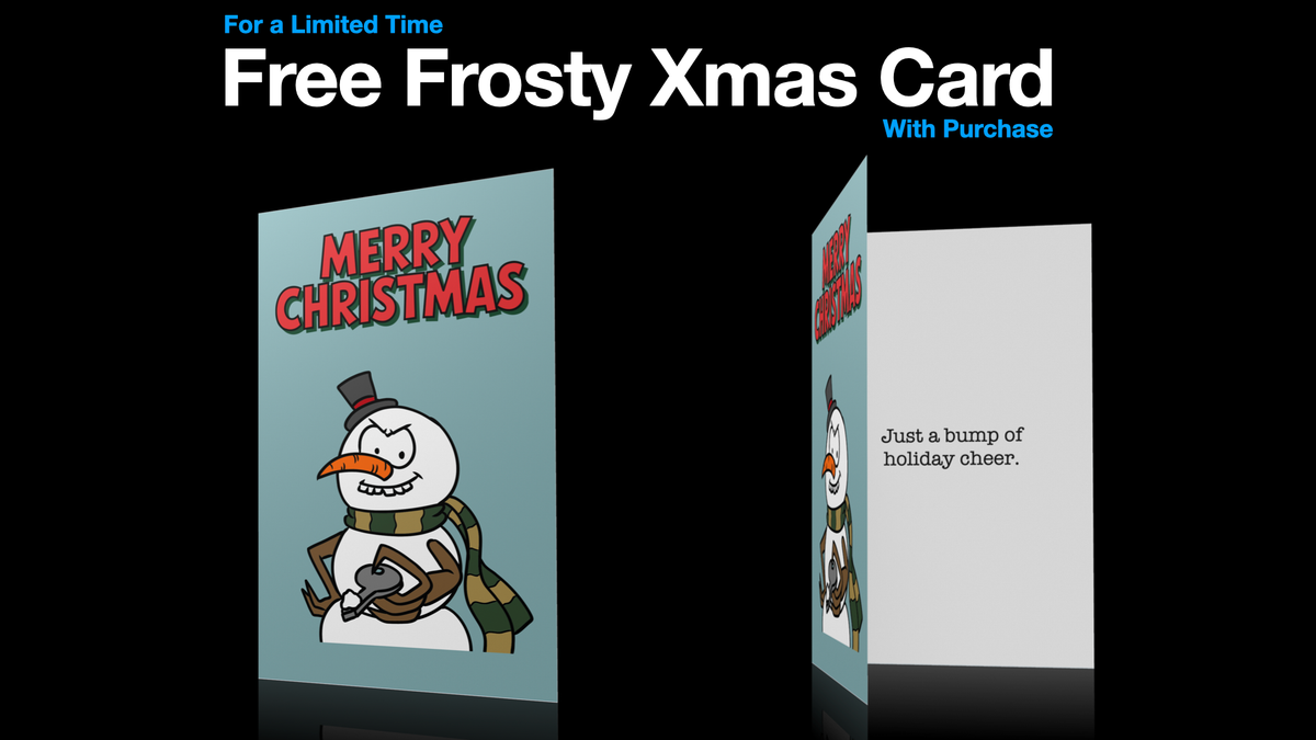 A promotional mockup showing a frosted Christmas greeting card from multiple angles on a black background. Large text at the top reads 'Free Frosty Xmas Card With Purchase.